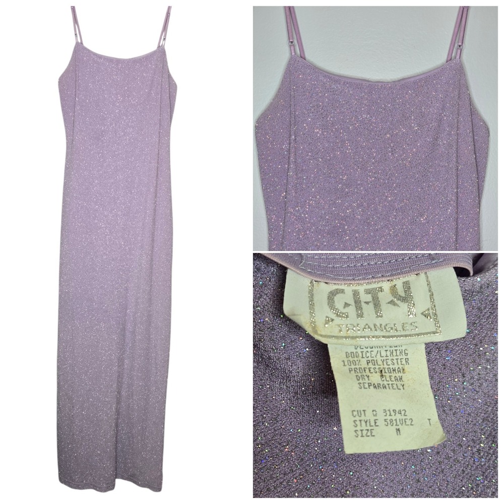 Y2k City Triangle glitter spaghetti strap maxi slip dress Lavender M 90s Sparkle